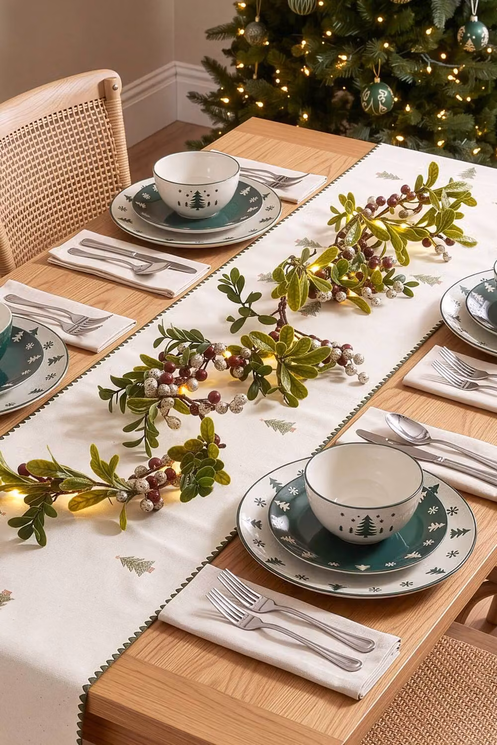 Dibor Snowy Forest Stoneware Christmas Dinner Set for 4 People, 12 Pieces, Green and White – 3