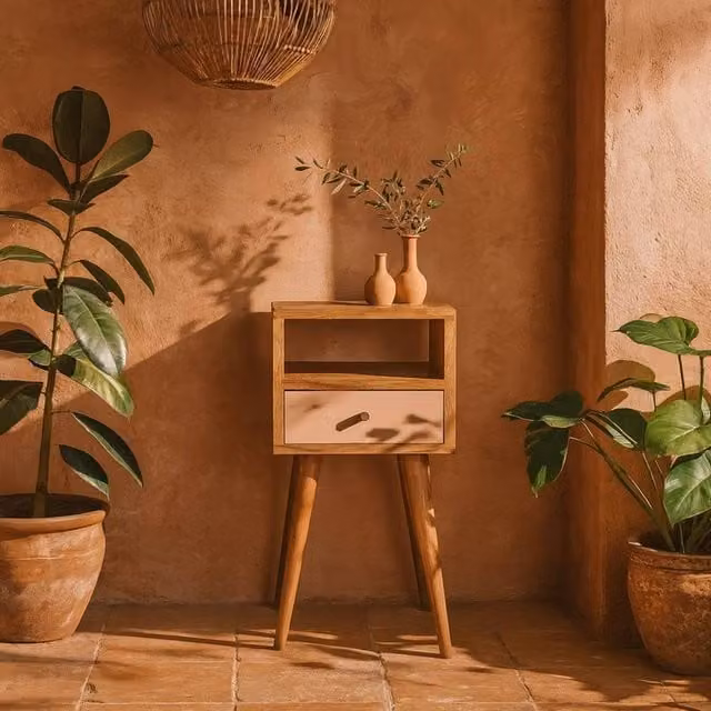 Wyld Haus Sainte Marie Mini Blush Bedside Table in Brown and Pink, Hand Painted Mango Wood with Drawer and Open Shelf
