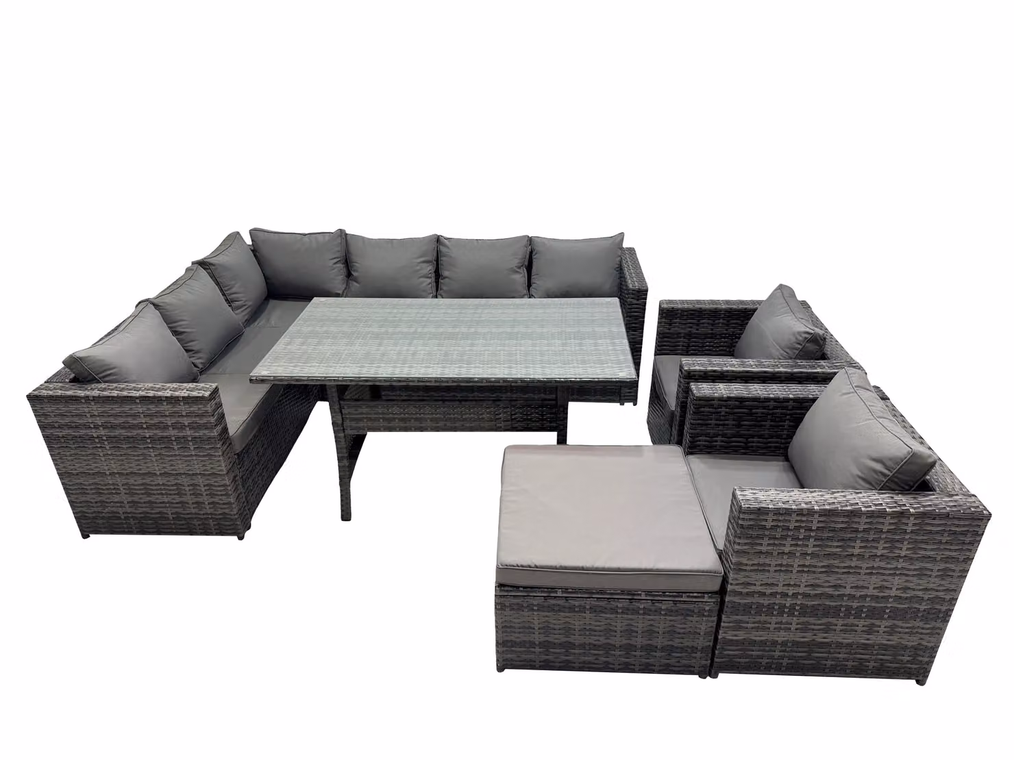 Fimous Outdoor PE Rattan Sofa Set with 2 Chairs and Large Stool in Dark Grey – 2