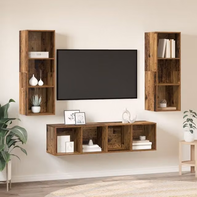 Berkfield Home 3-Piece Wall-Mounted TV Cabinet and Shelf Set with Storage, Brown, W/D/H: 37 x 37 x 142.5 cm – 1