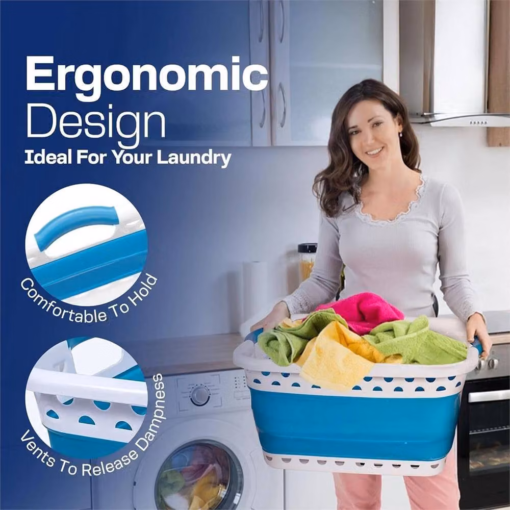Nordara Blue and Grey Collapsible Pop-Up Laundry Basket with 2 Handles, 58L – 3