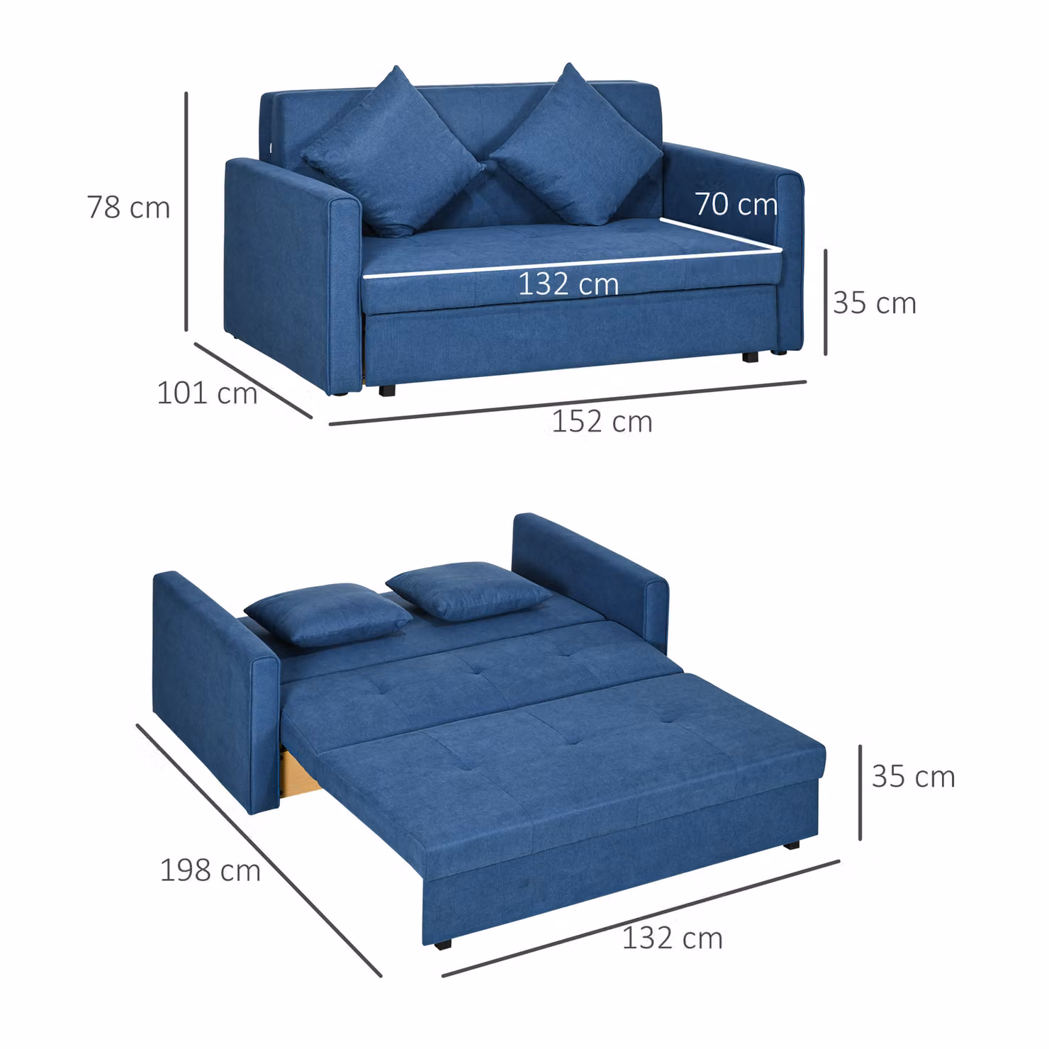 HOMCOM 2 Seater Convertible Sofa Bed with Storage and Scatter Cushions in Blue – 3