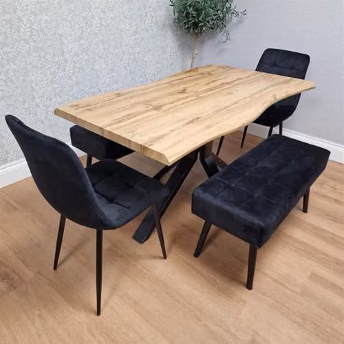KOSY KOALA Modern Dining Room Furniture Set with Rectangular Wood Table, 2 Black Velvet Chairs and 1 Black Velvet Bench