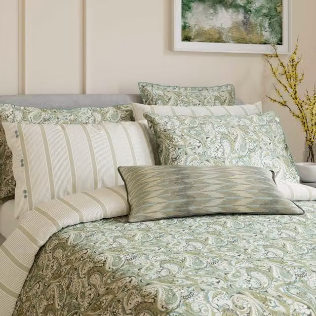Bedeck of Belfast Alessie Double Reversible Cotton Percale Duvet Cover and Pillowcase Set, Green Graphic Design