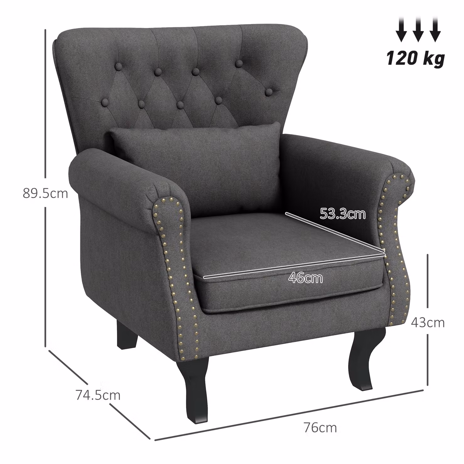 HOMCOM Chesterfield-style Tufted Wingback Accent Chair with Pillow and Nailhead Trim in Dark Grey – 3