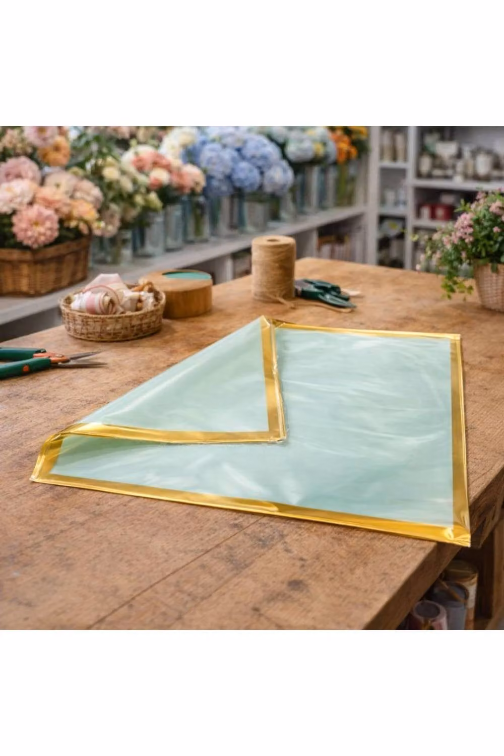 KDMD Korean Style Pre Cut Cello Wrap Sheets in Mint Green with Gold Border – 2