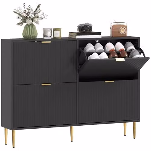 HOMCOM Narrow Black and Gold Shoe Cabinet with 4 Tilting Compartments and Internal Shelves, H 91.5 x W 105.0 x D 24.0 cm – 1