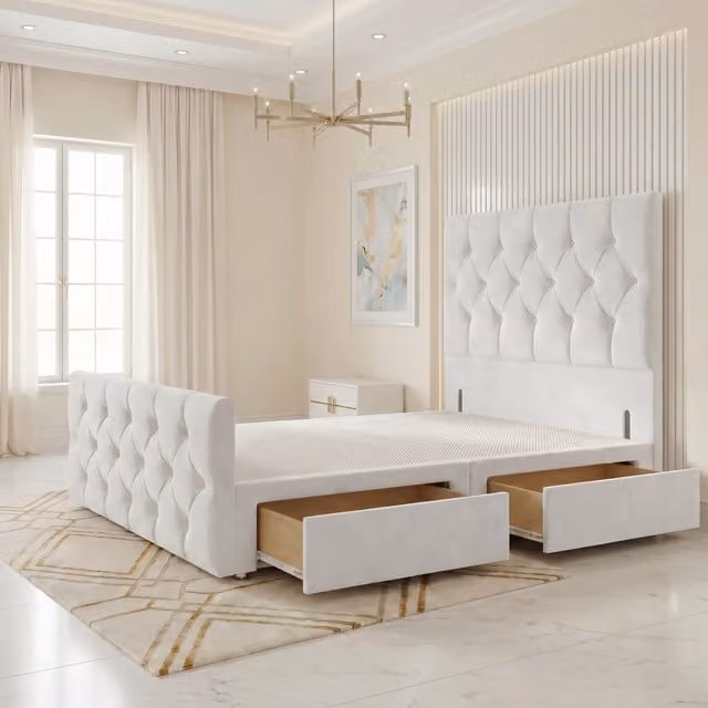 Somnior Beds Ltd Chesterfield Velvet Divan Bed Base with Drawers and Floor Standing Headboard and Footboard, White, W/D/H: 120 x 190 x 34.5 cm