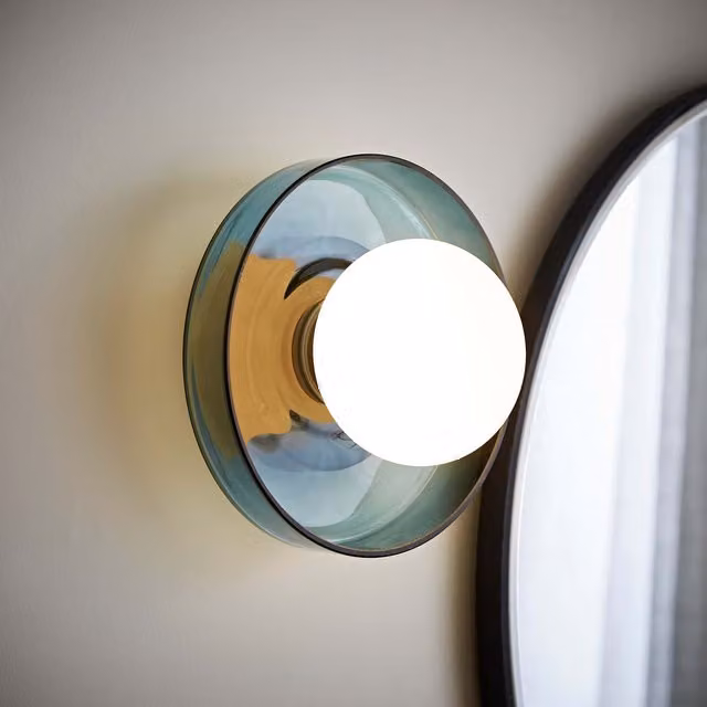 ValueLights Newbury Pair of Green Glass Globe IP44 Bathroom Wall Lights with Bulbs in Gold/Brass