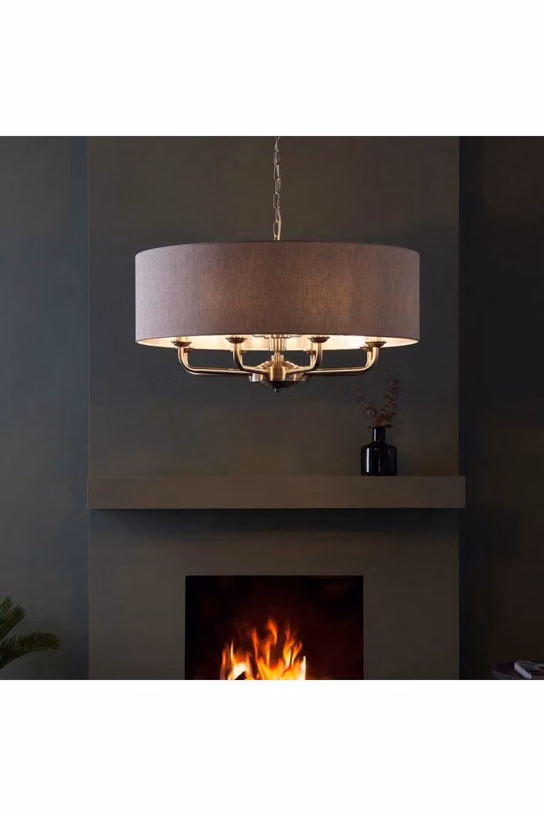 Netlighting Highclere Single Shade Pendant Ceiling Lamp with Brushed Chrome Plate and Grey Natural Linen Shade