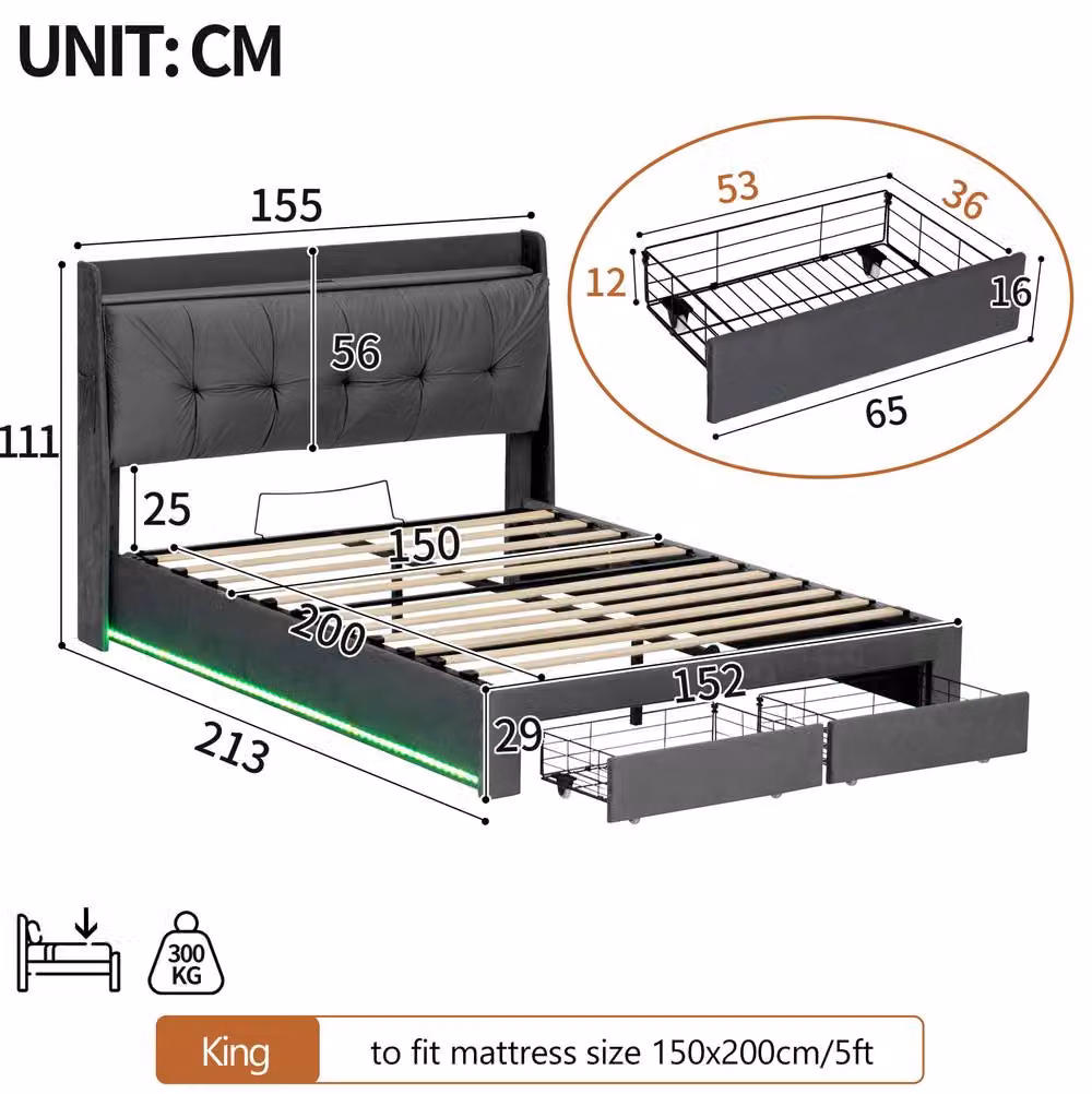 STILVORA Grey Velvet King Ottoman Bed with Under-Bed LED Lighting and USB Charging Port, W/D/H: 180 x 200 cm – 4