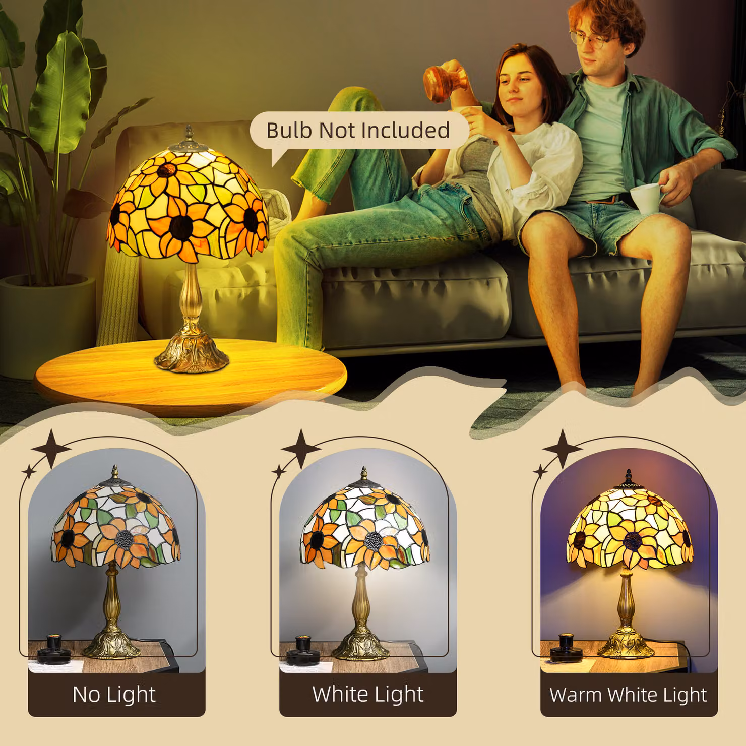 HOMCOM Antique Stained Glass Sunflower Table Lamp in Orange and Multicolour – 5