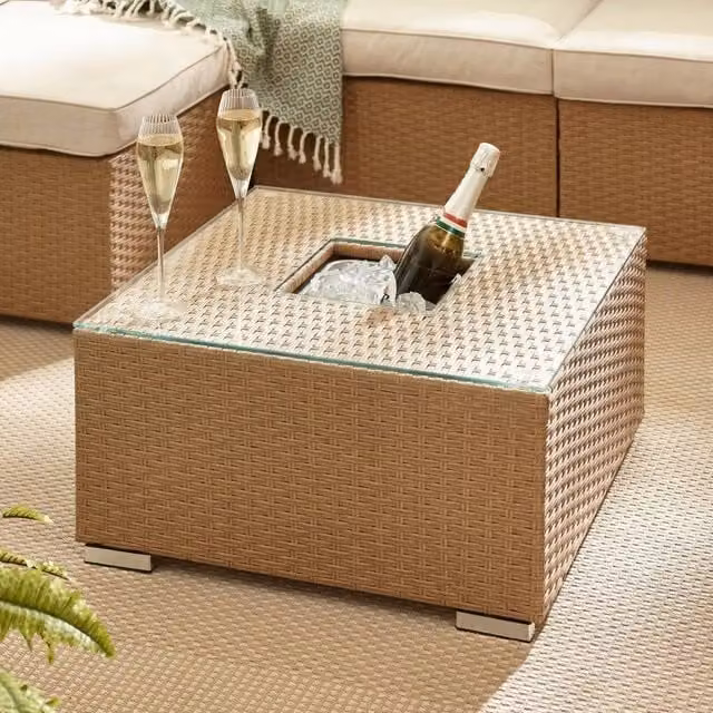 FurnitureboxUK Orlando Rattan Garden Coffee Table with Central Ice Bucket in Beige
