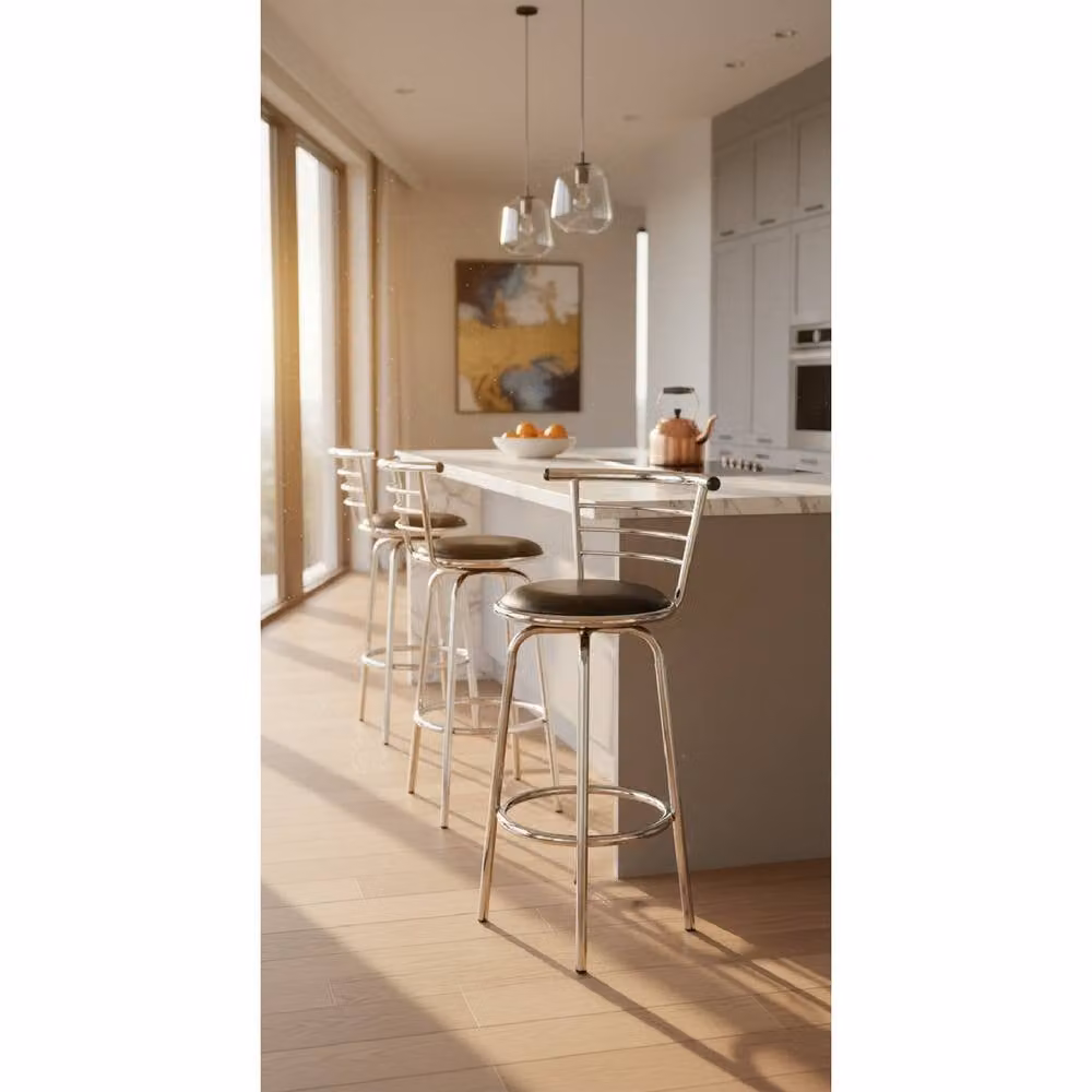 netfurniture Chelsea Kitchen Bar Stool Pair - Black Synthetic Leather Swivel Stools with Chrome Metal Frame – 2