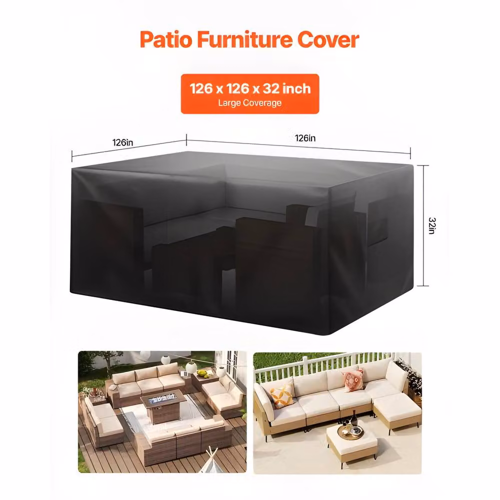 VEVOR Heavy Duty Water Repellent Polyester Patio Furniture Cover for Large Square Tables and Chairs, Black – 3