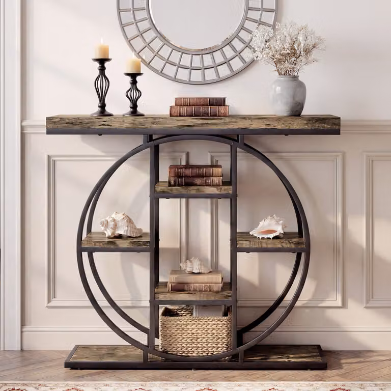 HOMCOM Industrial Console Table with Storage Shelves in Brown