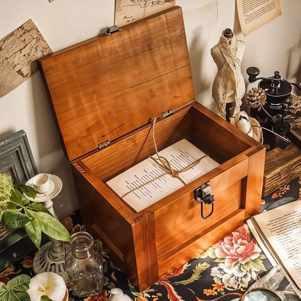 VOGREX Brown Solid Wood Vintage Lockable Storage Box Chest with Lid and Key – 3