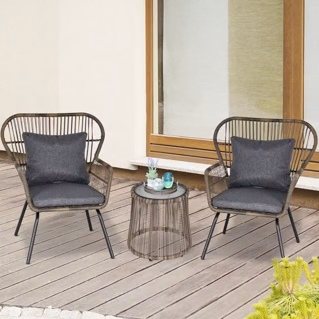 Outsunny 3 Piece Webbed Rattan Outdoor Dining Set with Round Glass Table and Chairs in Grey