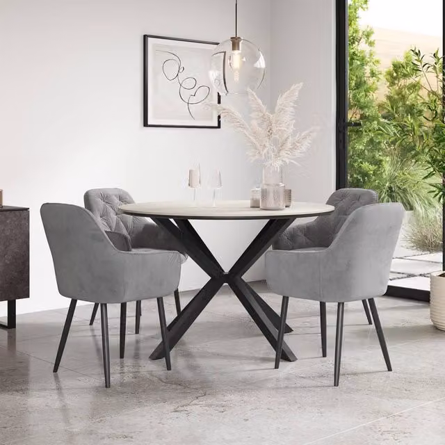 More4Homes Calne Round White Ceramic Dining Table and 4 Anika Grey Velvet Chairs – 1