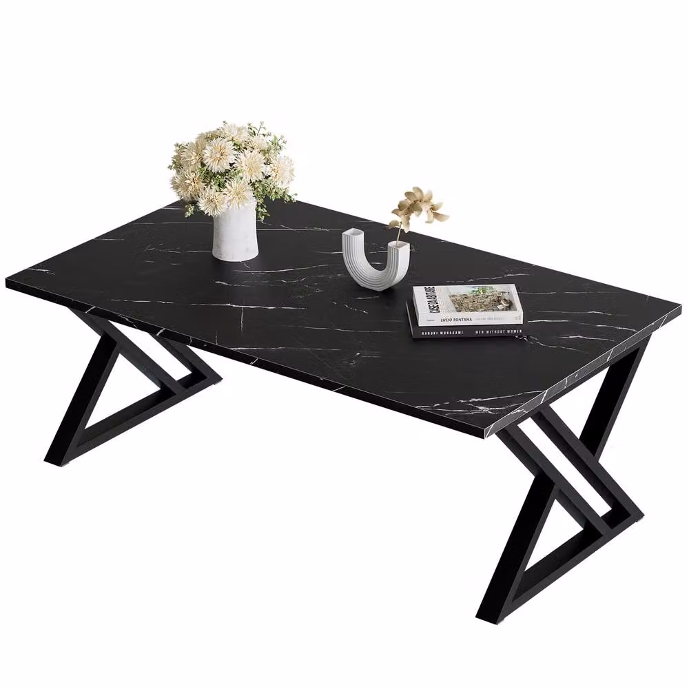 Huhote Modern Geometric Coffee Table with Black Metal Frame and Glass Top – 2