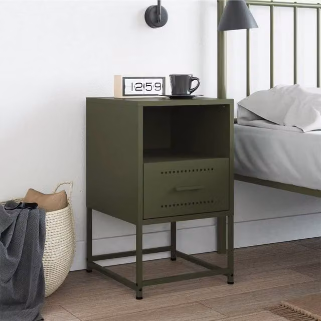 Berkfield Home Durable Metal Bedside Cabinet in Olive Green, W/D/H: 39 x 39 x 60.5 cm
