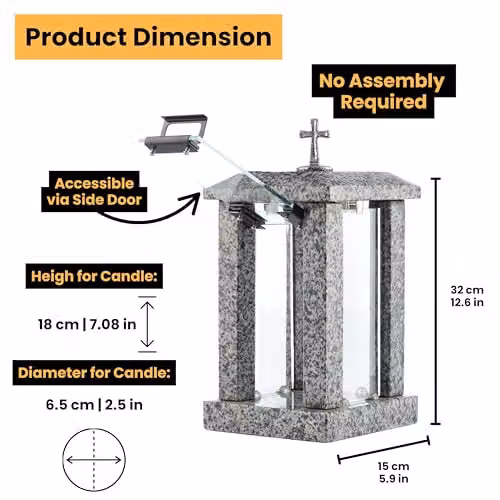 NOVECRAFTO Large Square Granite Memorial Lantern with Cross in Grey, H 32 cm – 5