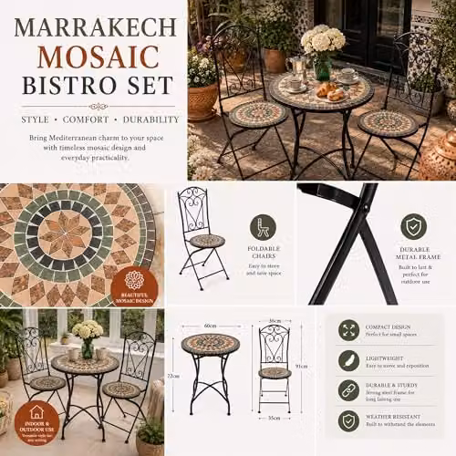 Shatchi Mosaic 3 Piece Bistro Set with Metal Chairs and 60cm Table in Multicolour – 6