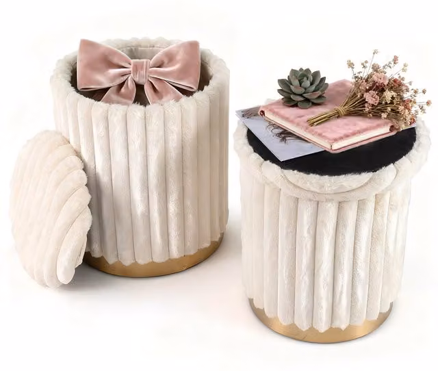 Costway Set of 2 Modern White Fabric Cylindrical Ottomans