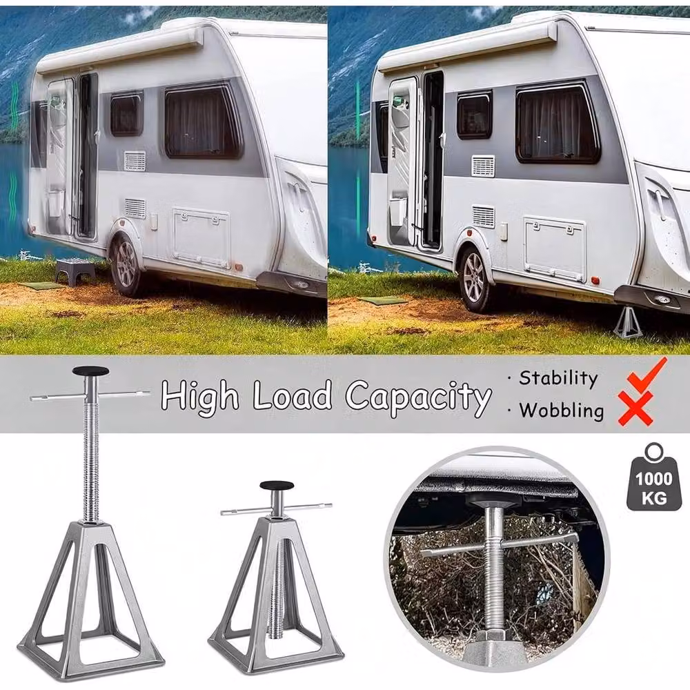 FLAVORA 4-Piece Adjustable Height Steel Axle Stand Set for Static Caravans in Silver, W: 40 cm, H: 100 cm – 4