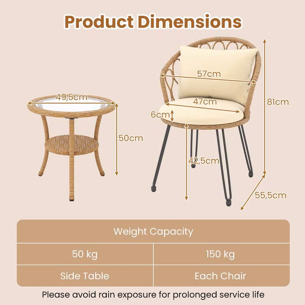 Costway 3 Piece PE Wicker Patio Bistro Set with Beige Upholstered Cushions and Coffee Table – 2