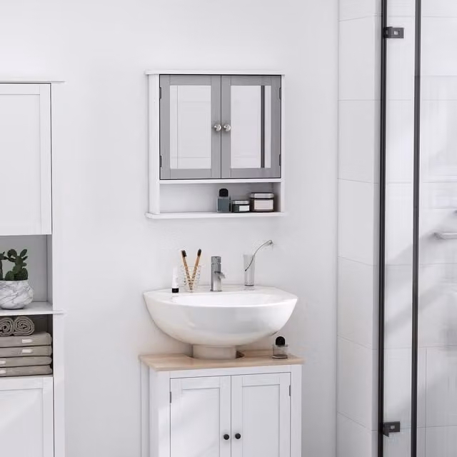 Kleankin Wall Mounted Bathroom Mirror Cabinet with Double Hinged Doors and Internal Shelves in Grey