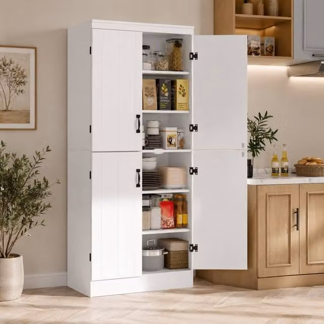 STILVORA Modern White Matt Freestanding Storage Cabinet with 4 Hinged Doors and 6 Tiers – 1