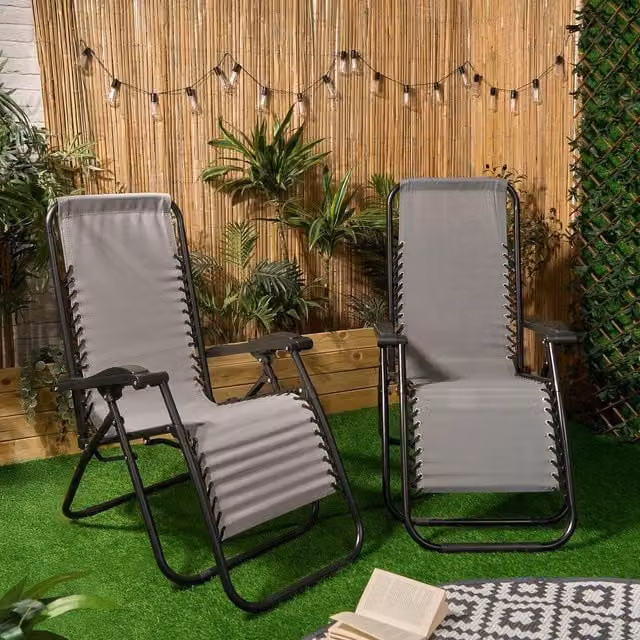 OHS Set of 2 Grey Textilene Gravity Folding Sun Loungers with Armrests