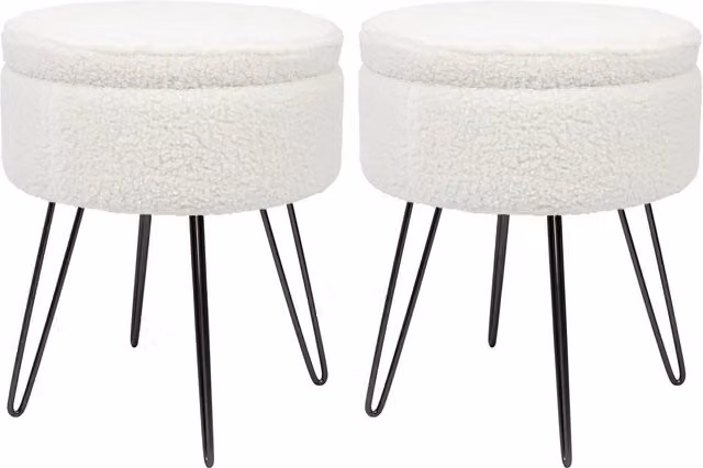 Harbour Housewares Pack of 2 Round Black Boucle Storage Footstools, H46 x D37 cm