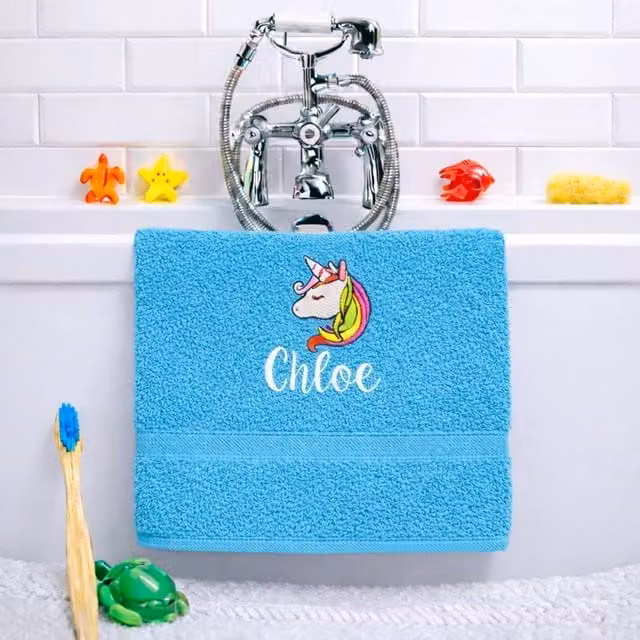 Duncan Stewart Personalised Kids Unicorn Bath Towel, Turquoise, W/D/H: 130 x 70 x 500 cm
