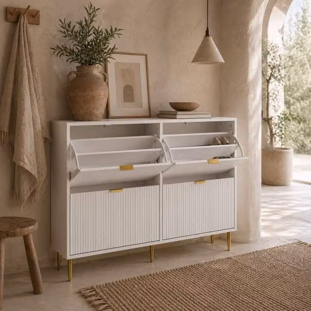 Wyld Haus White Ribbed Slim Shoe Cabinet with Gold Details, H 91.5 x W 33.0 x D 24.0 cm