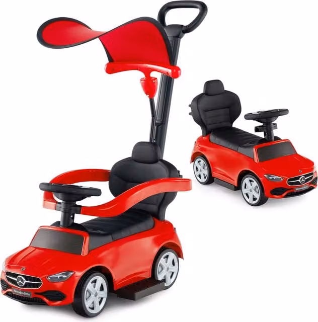 COSTWAY Mercedes 3-in-1 Adjustable Ride On Push Car with Push Handle and Light and Sound Effects in Red