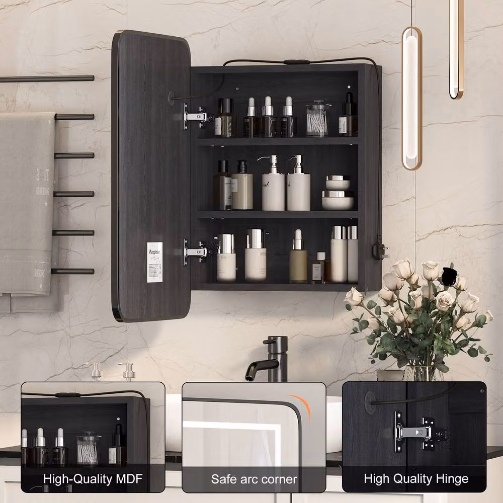 KEEPREAPER Sleek Black Bathroom Mirror Cabinet with 3-Colour LED Lighting and Anti-Fog Function, W: 40 cm, H: 60 cm – 3