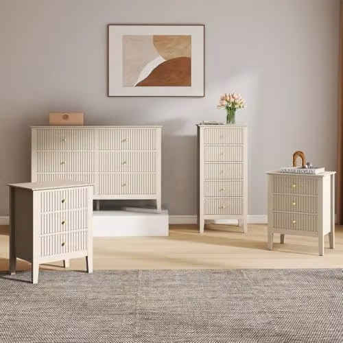 Melody Maison Hales Taupe Range Bedroom Furniture Set in Beige including 6 Drawer Chest of Drawers, Tall 5 Drawer Bedside Table and Pair of 3 Drawer Bedside Tables