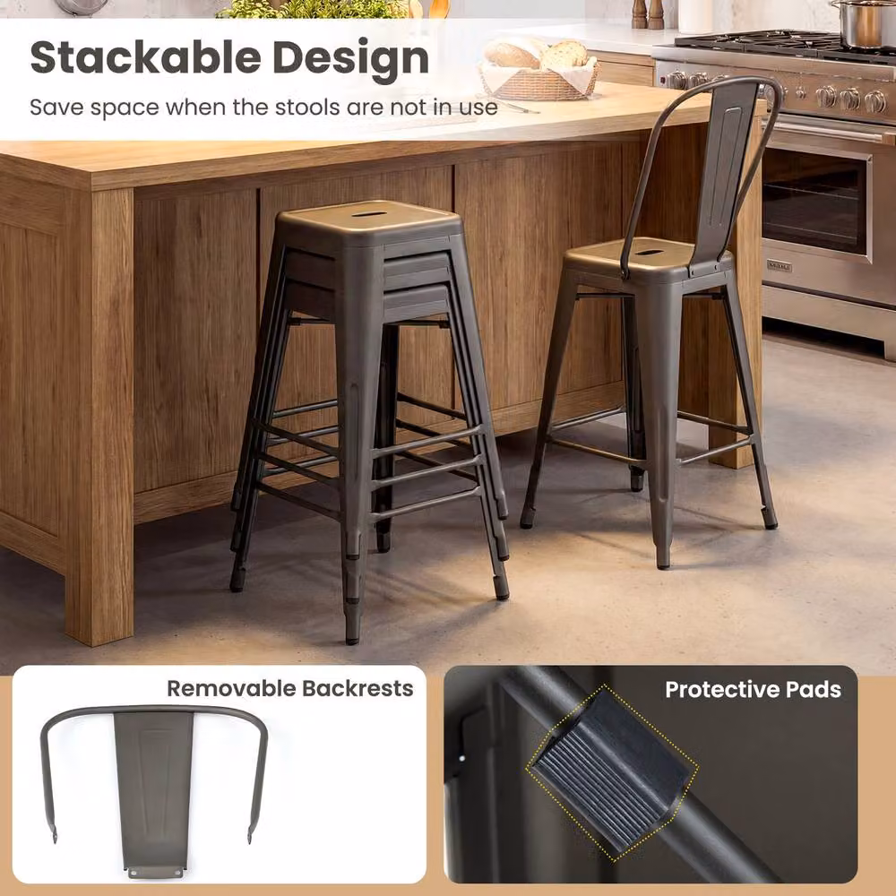 Costway Modern Grey Metal Counter Height Barstools with Backrests and Footrests – 8