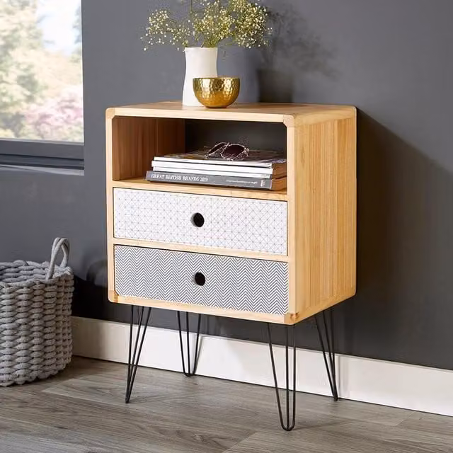 Home Source Genoa Mid Century 2 Drawer Bedside Table Bedroom Storage Unit in Brown, Black or Yellow
