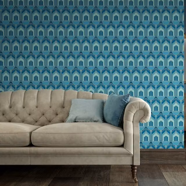 Hoopla Walls Blue Art Deco Geometric Abstract Wallpaper Roll