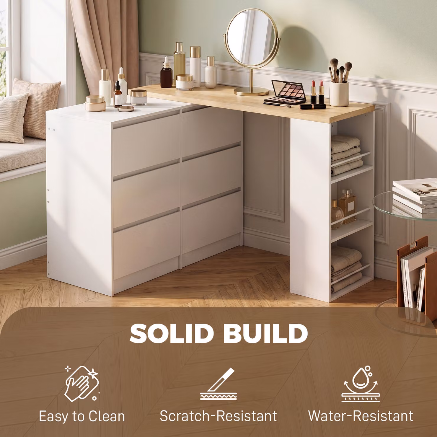 HOMCOM White Drop Leaf Vanity Table with 6 Drawers and 3-Tier Shelf, W/D/H: 130 x 40 x 80 cm – 3