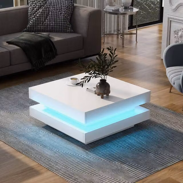 STILVORA Modern Square Coffee Table with Rotating Top in White, W/D/H: 70 x 70 x 36 cm