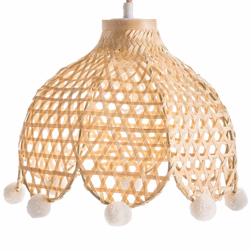 Wyld and Coco Beige Rattan Woven Pendant Lamp with Pom Pom Trim – 2