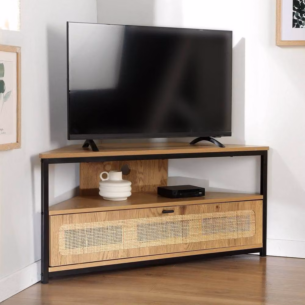 CALICOSY Jaya Corner TV Unit with Rattan Caning and 1 Door, Light Brown, Width: 100 cm – 2