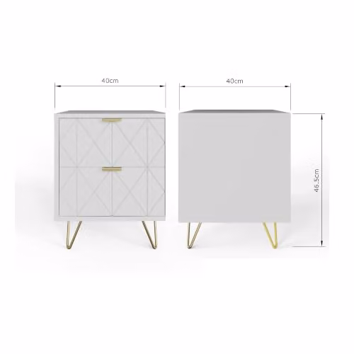 GFW Alora Modern 2 Drawer Bedside Table with Geometric Diamond Fronts, Gold Handles and Hairpin Legs in White and Gold, W/D/H: 40 x 40 x 46.5 cm – 2