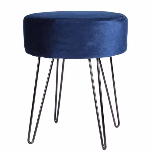 Harbour Housewares Blue Velvet Cylindrical Footstool with Black Metal Legs – 1