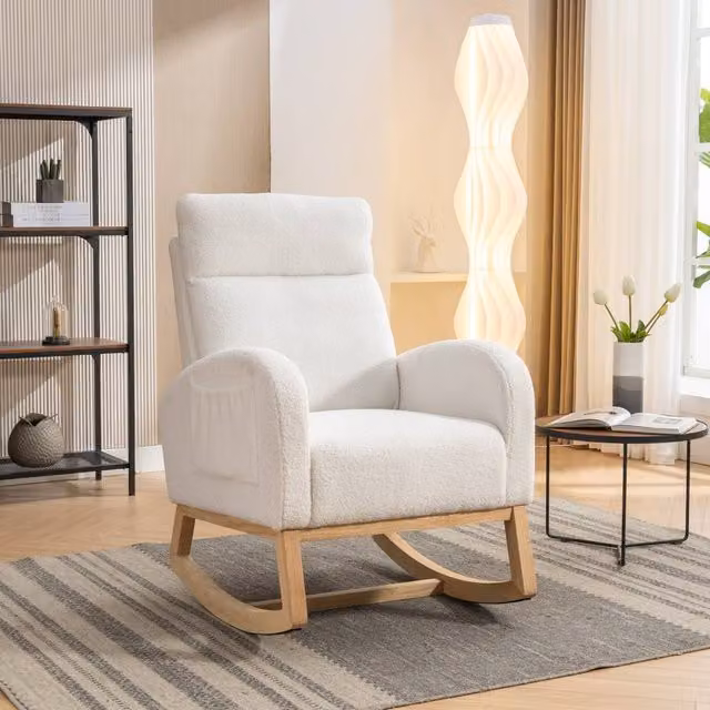 Direct Wicker Mid Century Modern Teddy Bouclé Fabric Upholstered Rocking Chair in Beige