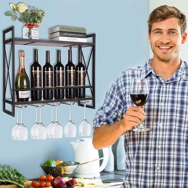 Livingandhome 2 Layer Wall Mounted Black Rustic Wine Rack with Stemware Hanger
